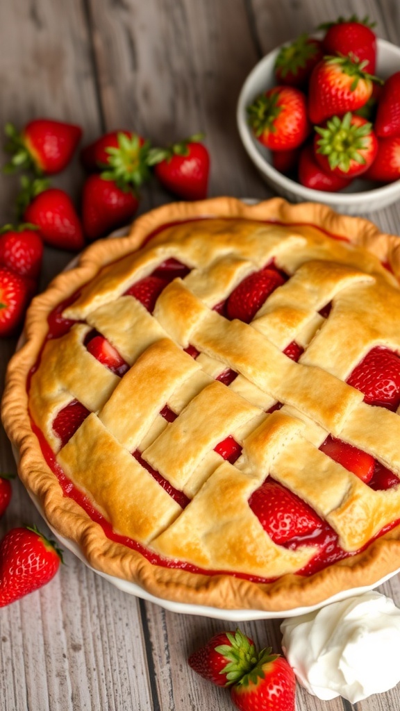 Classic Two-Crust Strawberry Pie Recipe A golden brown two-crust strawberry pie with fresh strawberries on a wooden table, served with whipped cream.